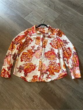 Floral Button-Up Shirt - White with Red & Yellow Floral Print